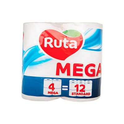 Папір туалетний Ruta Mega білий двошаровий 1рул/50м 4 рулона Папір туалетний Ruta Mega білий двошаровий 1рул/50м 4 рулона