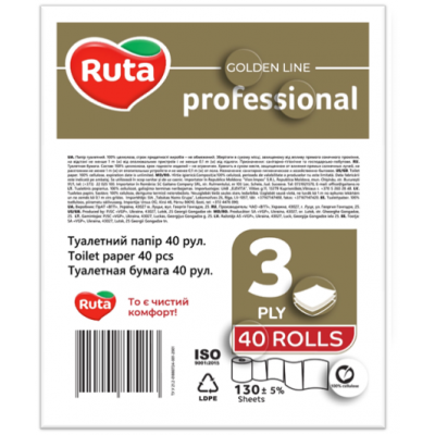Папір туалетний целюлозний 3-шаровий 40 рулонів Ruta Professional білий Папір туалетний целюлозний 3-шаровий 40 рулонів Ruta Professional білий