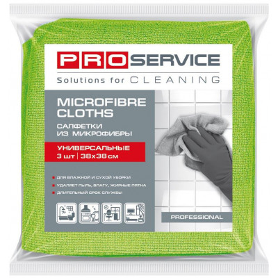 Серветки з мікрофібри PRO service 38x38 см універсальні зелені 3 штуки Серветки з мікрофібри PRO service 38x38 см універсальні зелені 3 штуки