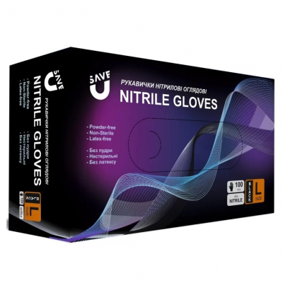 Смотровые нитриловые перчатки размер L черные SAVE U Смотровые нитриловые перчатки размер L черные SAVE U