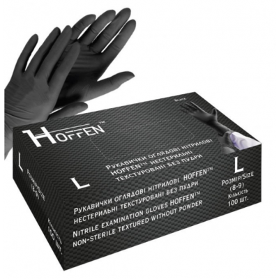 Рукавички нітрилові HOFFEN L /50 пар оглядові нестирильні неприпудрені чорні Рукавички нітрилові HOFFEN L /50 пар оглядові нестирильні неприпудрені чорні