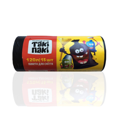 Пакети для сміття Такі Пакі 120 літрів 25 мкм LDPE 15 штук чорні Пакети для сміття Такі Пакі 120 літрів 25 мкм LDPE 15 штук чорні