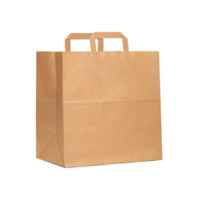 Пакет с плоскими ручками 335х260х140 мм бурый крафт 70 г/м2 250 штук Пакет с плоскими ручками 335х260х140 мм бурый крафт 70 г/м2 250 штук