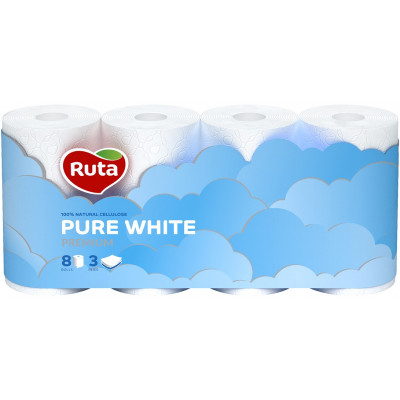 Туалетная бумага Ruta Pure White трехслойная белая 8 рулонов Туалетная бумага Ruta Pure White трехслойная белая 8 рулонов