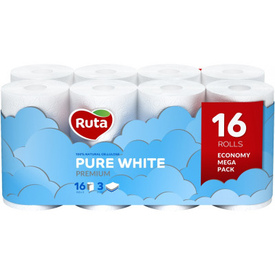Туалетная бумага Ruta Pure White трехслойная белая 16 рулонов Туалетная бумага Ruta Pure White трехслойная белая 16 рулонов