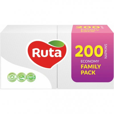 Салфетки столовые Ruta Family Pack 1 слойные 24х24 см белые 200 штук Салфетки столовые Ruta Family Pack 1 слойные 24х24 см белые 200 штук