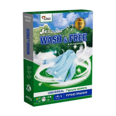 Порошок для ручной стирки "Горная свежесть" "Wash&Free", 400г Порошок для ручной стирки "Горная свежесть" "Wash&Free", 400г