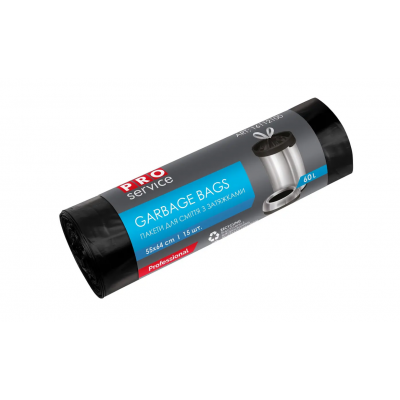 Пакети для смiття чорний з затяжкою п/е ХД 55х64 см 15 мкм PROService 60 л 15 штук Пакети для смiття чорний з затяжкою п/е ХД 55х64 см 15 мкм PROService 60 л 15 штук