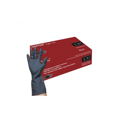 Рукавички оглядові латексні HOFFEN нестерильні текстуровані без пудри чорні (S) High Risk 14,5 гр. 25 пар Рукавички оглядові латексні HOFFEN нестерильні текстуровані без пудри чорні (S) High Risk 14,5 гр. 25 пар