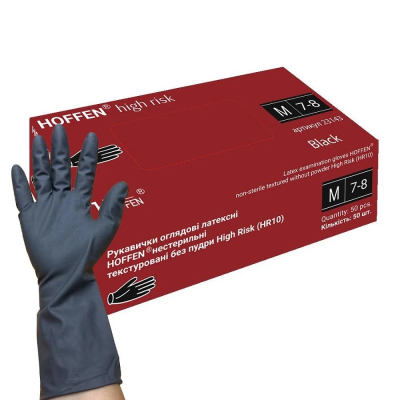 Рукавички оглядові латексні HOFFEN нестерильні текстуровані без пудри чорні (M) High Risk (HR10) 14,5 гр. 25 пар Рукавички оглядові латексні HOFFEN нестерильні текстуровані без пудри чорні (M) High Risk (HR10) 14,5 гр. 25 пар