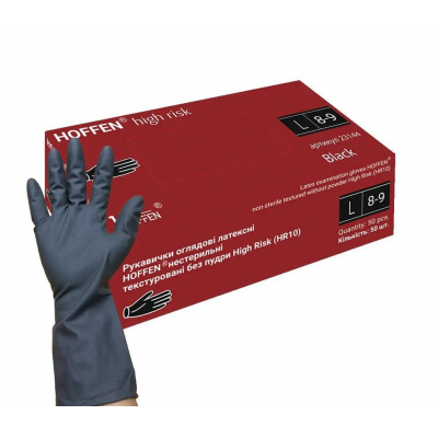 Рукавички оглядові латексні HOFFEN нестерильні текстуровані без пудри чорні (L) High Risk (HR10) 14,5 гр. 25 пар Рукавички оглядові латексні HOFFEN нестерильні текстуровані без пудри чорні (L) High Risk (HR10) 14,5 гр. 25 пар