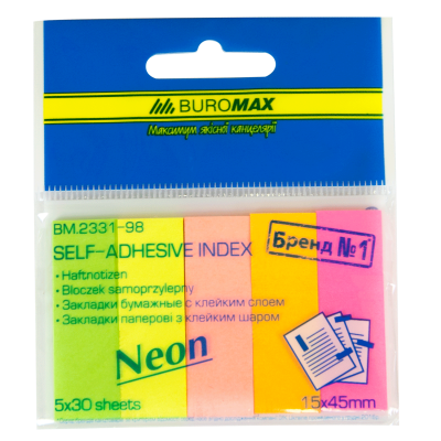 Закладки паперові 45x15мм, 5х30арк., асорті. неон Закладки паперові 45x15мм, 5х30арк., асорті. неон